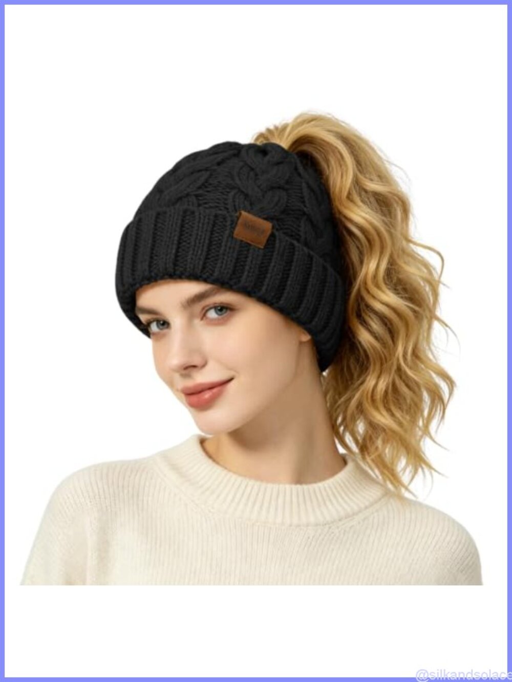 Ponytail Beanie Women Winter Warm Cable Knit Messy Bun Hat Soft Stretch